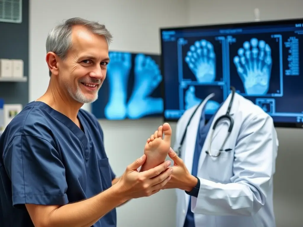 A friendly podiatrist examining a patient's foot with X-ray images in the background, representing foot and ankle injury treatment.