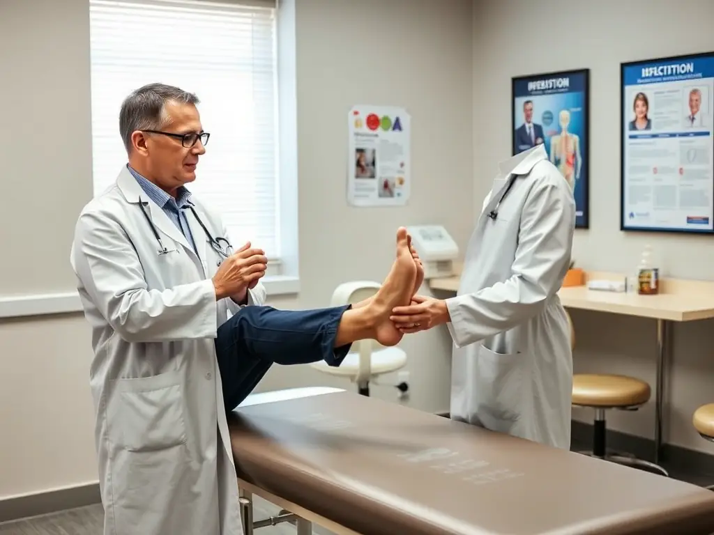 An image of a doctor demonstrating Plantar Fasciitis treatment to a patient in a clinic setting.