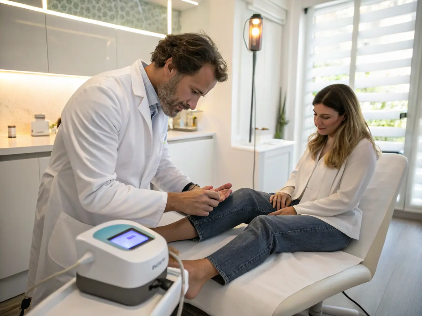 A close-up image of an ankle being examined by a podiatrist, highlighting the intricate bone structure and potential injury sites.